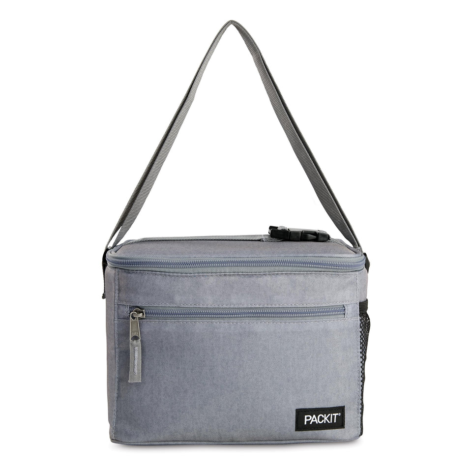 PackIt Freezable Essential Cooler Gray Fog front view showing compact design and usability.