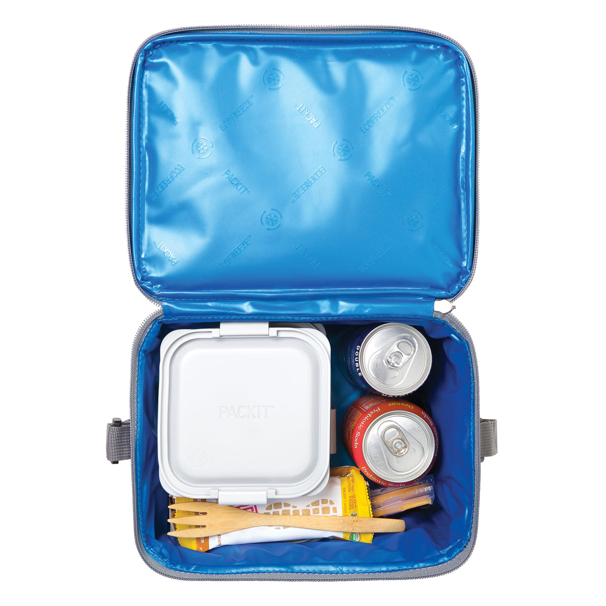 PackIt Freezable Essential Cooler Gray Fog in office setting for daily lunches.