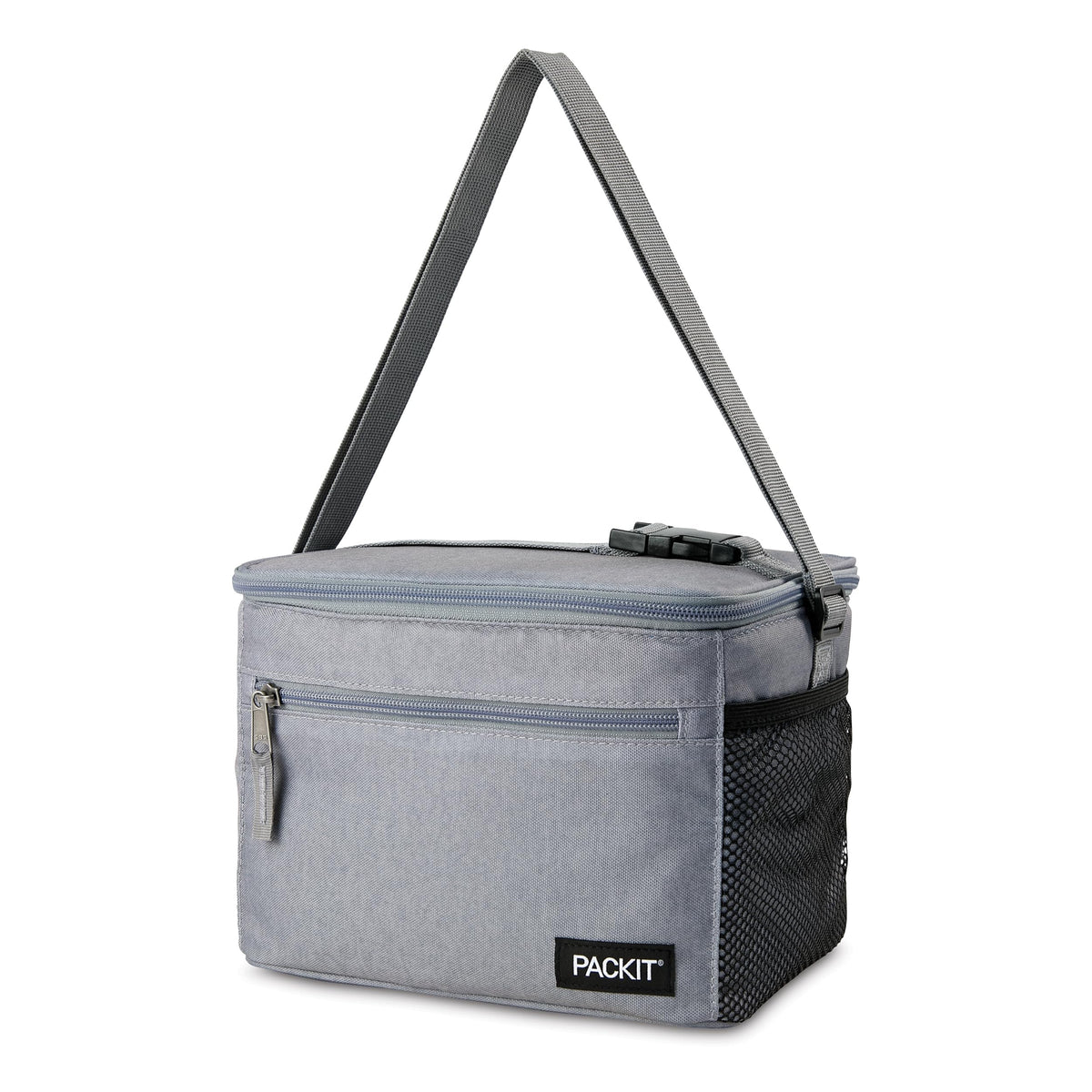 PackIt Freezable Essential Cooler Gray Fog with lid open for easy access to meals.