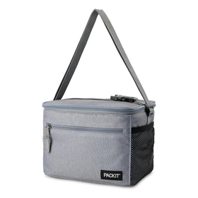 PackIt Freezable Essential Cooler Gray Fog with lid open for easy access to meals.