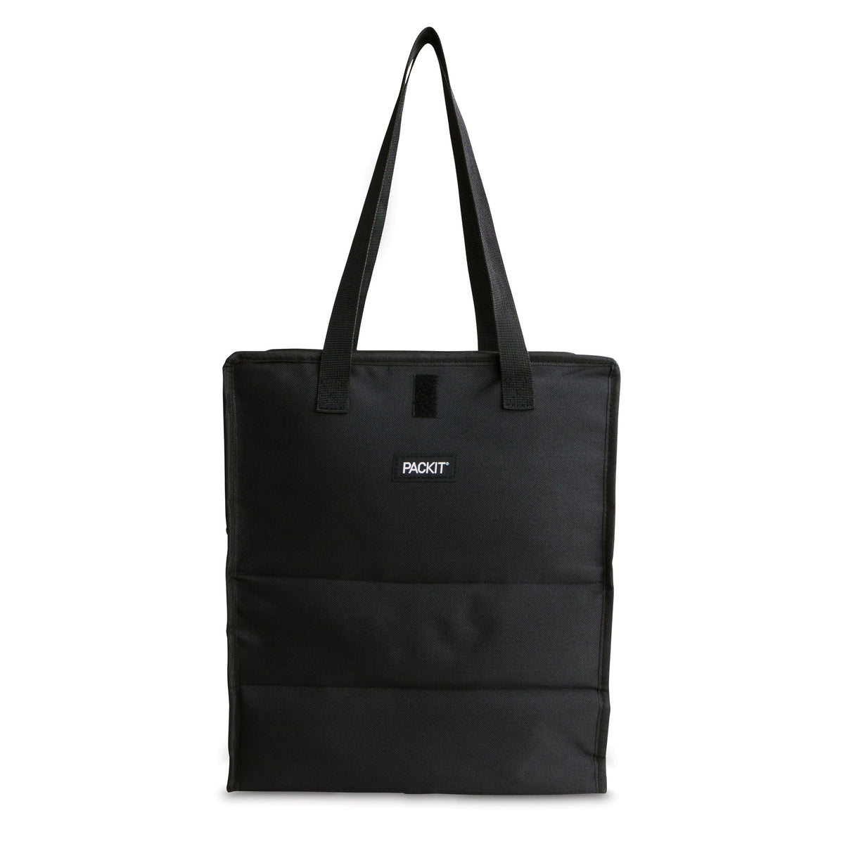PackIt Freezable Grocery Tote in black, folded for compact storage and reuse.