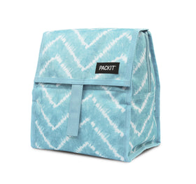 PackIt Freezable Lunch Bag Aqua Tie Dye folded, ready for compact freezer storage.