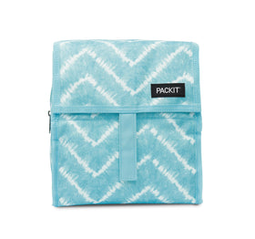 PackIt Freezable Lunch Bag Aqua Tie Dye open, showing spacious interior for meals and snacks.