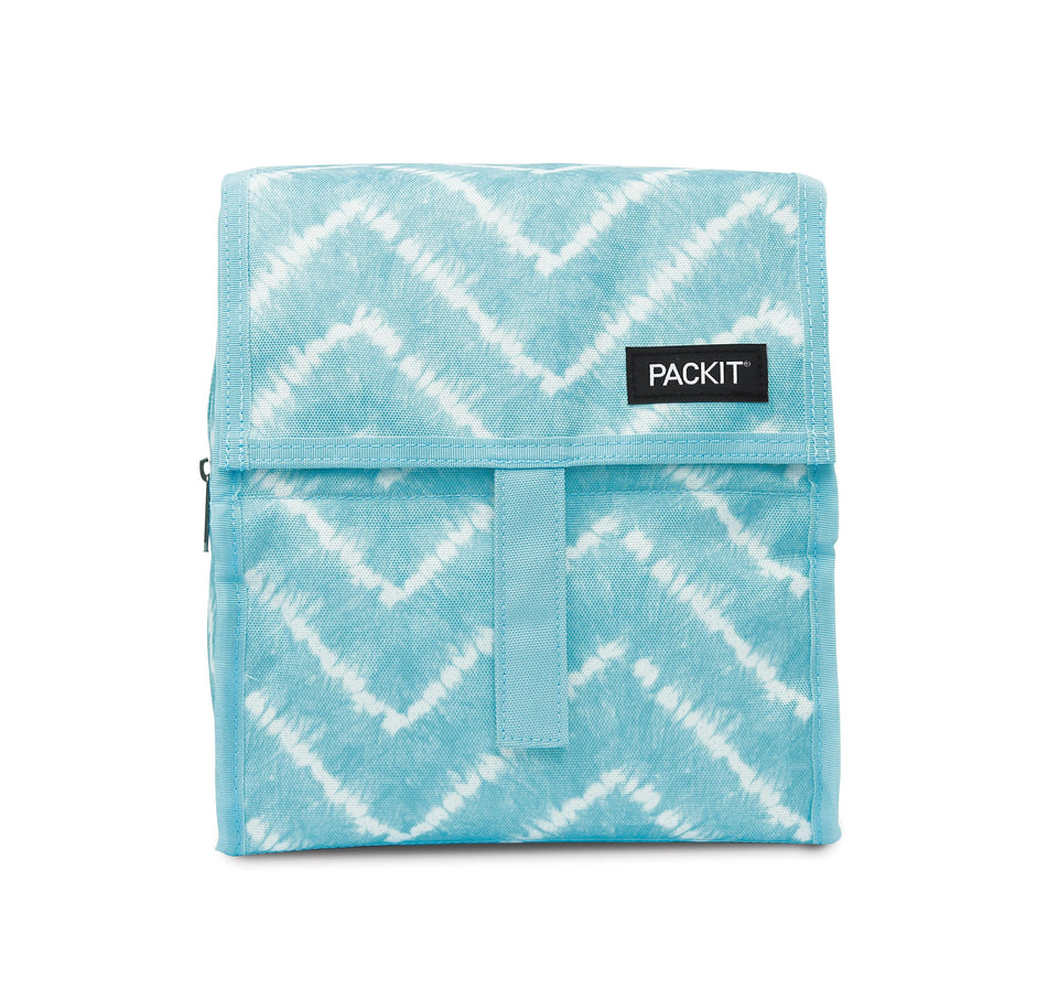 PackIt Freezable Lunch Bag Aqua Tie Dye open, showing spacious interior for meals and snacks.