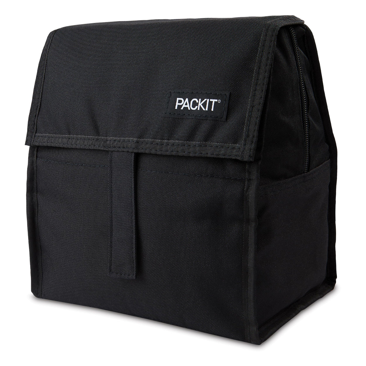 PackIt Freezable Lunch Bag black folded for compact freezer storage.