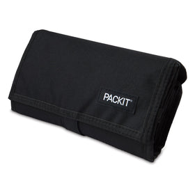 PackIt Freezable Lunch Bag black in use for school lunches.