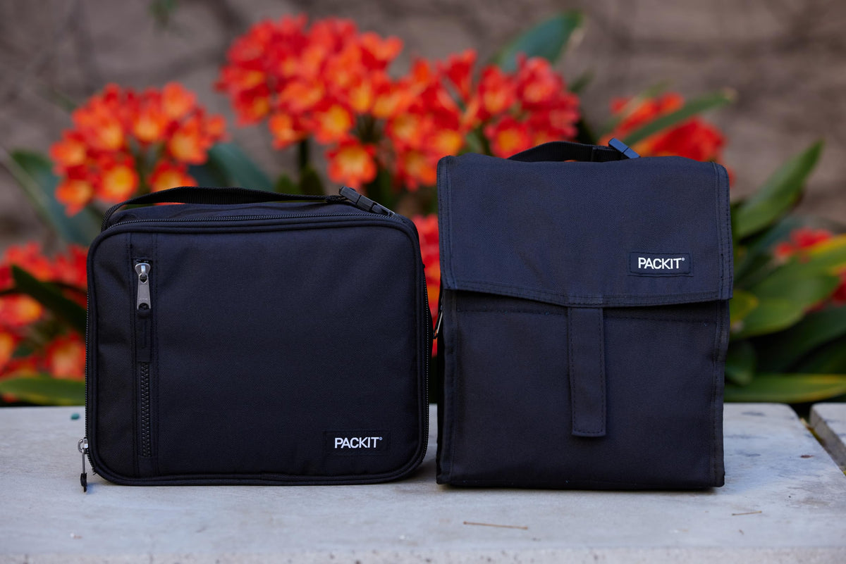 PackIt Freezable Lunch Bag black with wipe-clean interior.