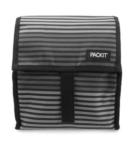 PackIt Freezable Lunch Bag gray stripe open showing built-in cooling for freshness