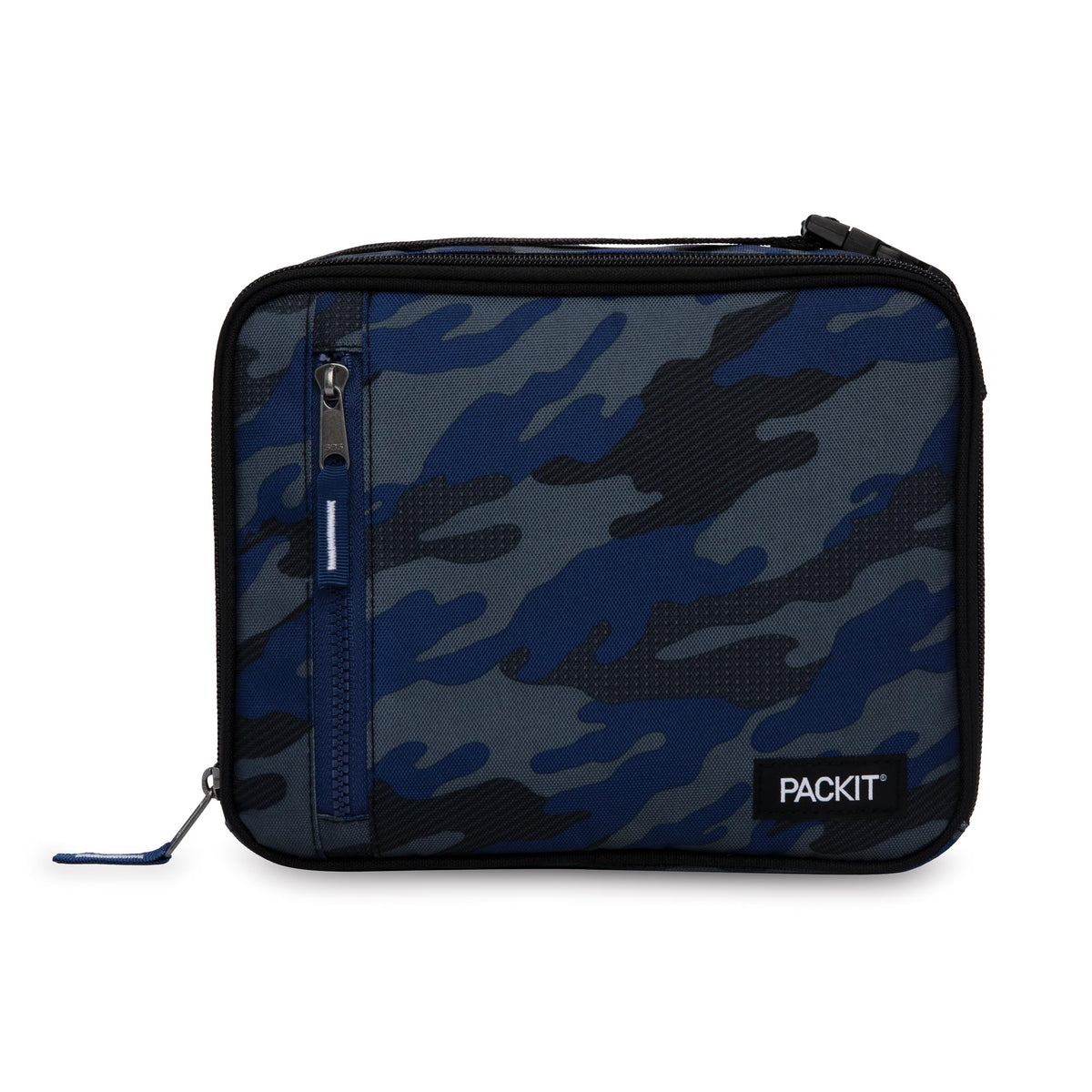 PackIt freezable lunch box in sporty camo navy, front view keeps meals cool on the go.