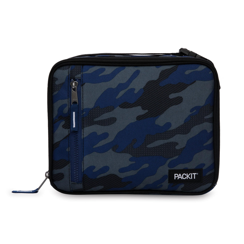 PackIt freezable lunch box in sporty camo navy, front view keeps meals cool on the go.