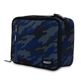PackIt freezable lunch box in sporty camo navy, open view shows built-in cooling.