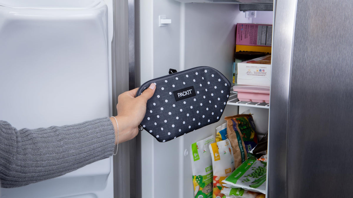 PackIt Freezable Snack Bag polka dots interior holds frozen section for freshness on the go.