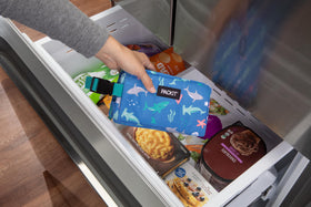 Backpack clip demonstrates hands-free snacking with PackIt Sea Shark