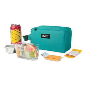 PackIt Freezable Snack Box teal attached to backpack for convenient commuting snacks