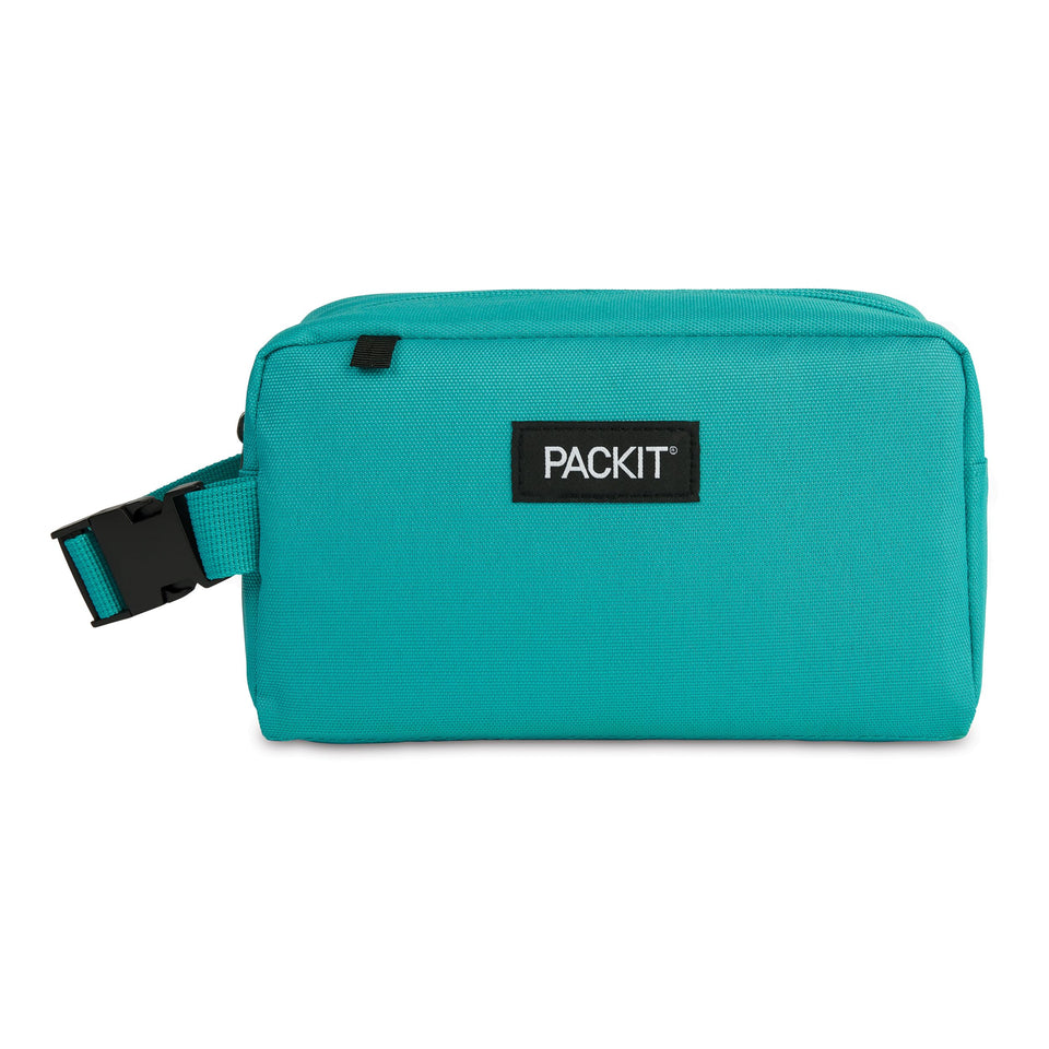 PackIt Freezable Snack Box teal open to show cooling interior for on-the-go snacks