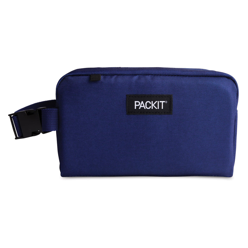 PackIt Freezable Snack Box True Blue, closed with buckle, keeps snacks cool on the go.