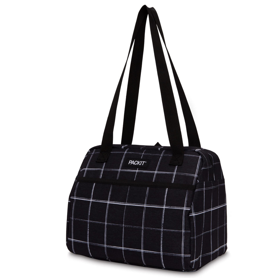 PackIt Hampton freezable lunch bag in black grid, front view highlighting portable cooling design.