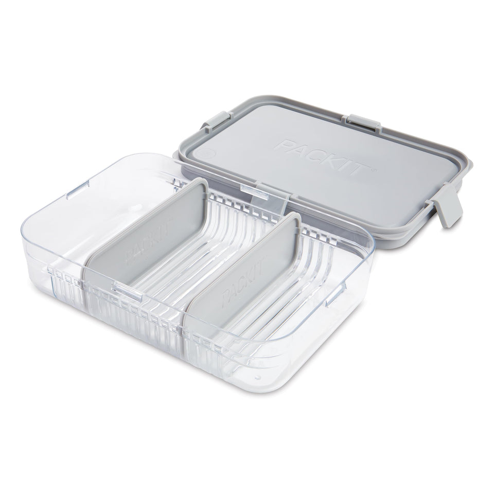 PackIt Mod Lunch container in steel gray with adjustable dividers for personalized portions.