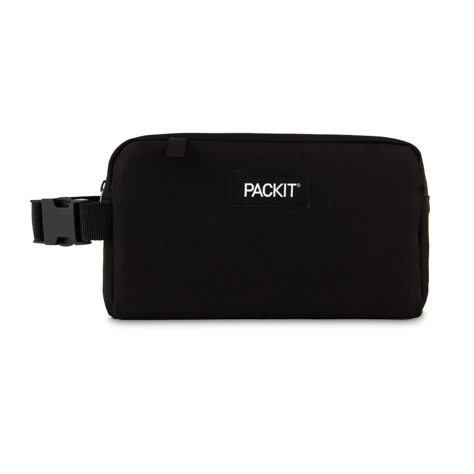 PackIt snack box in black, front view, ideal for on-the-go snacks.