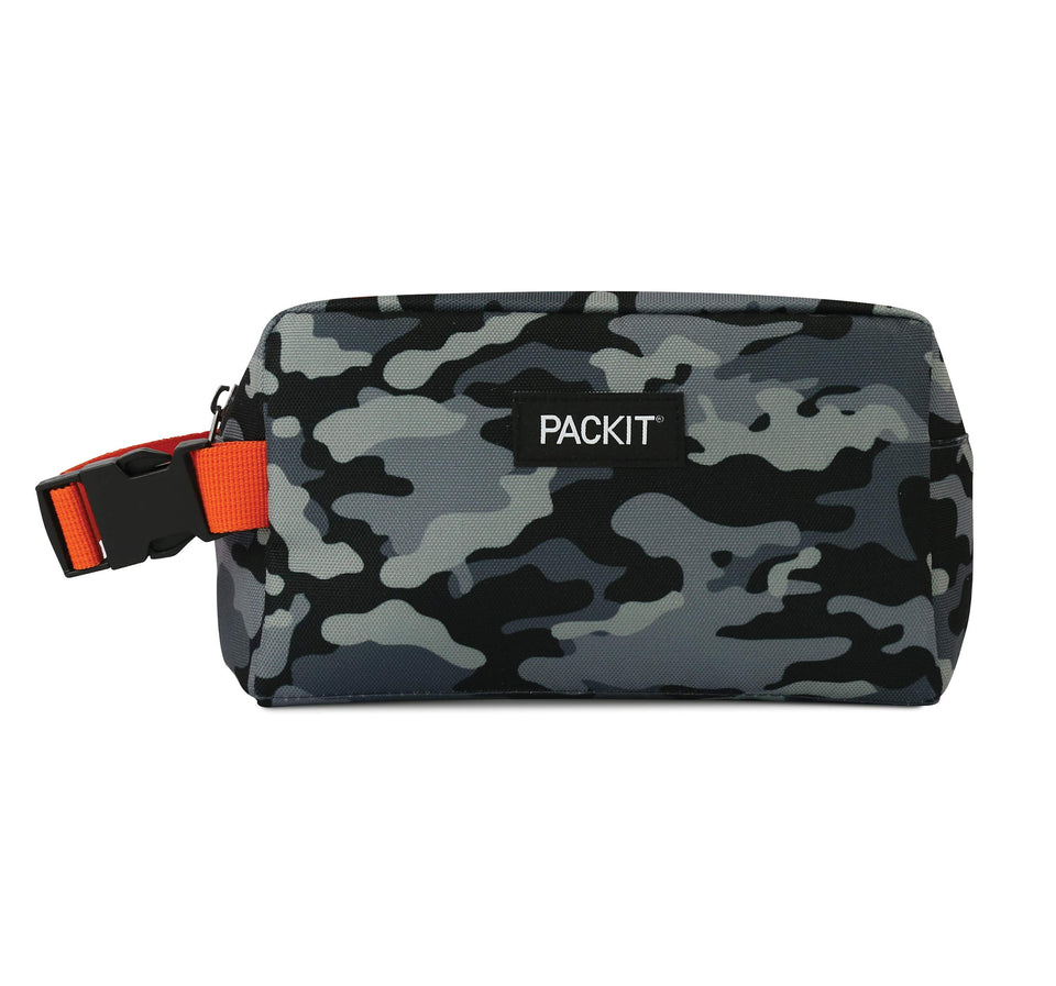 PackIt Snack Box in charcoal camo, open to show the cooling gel lining.