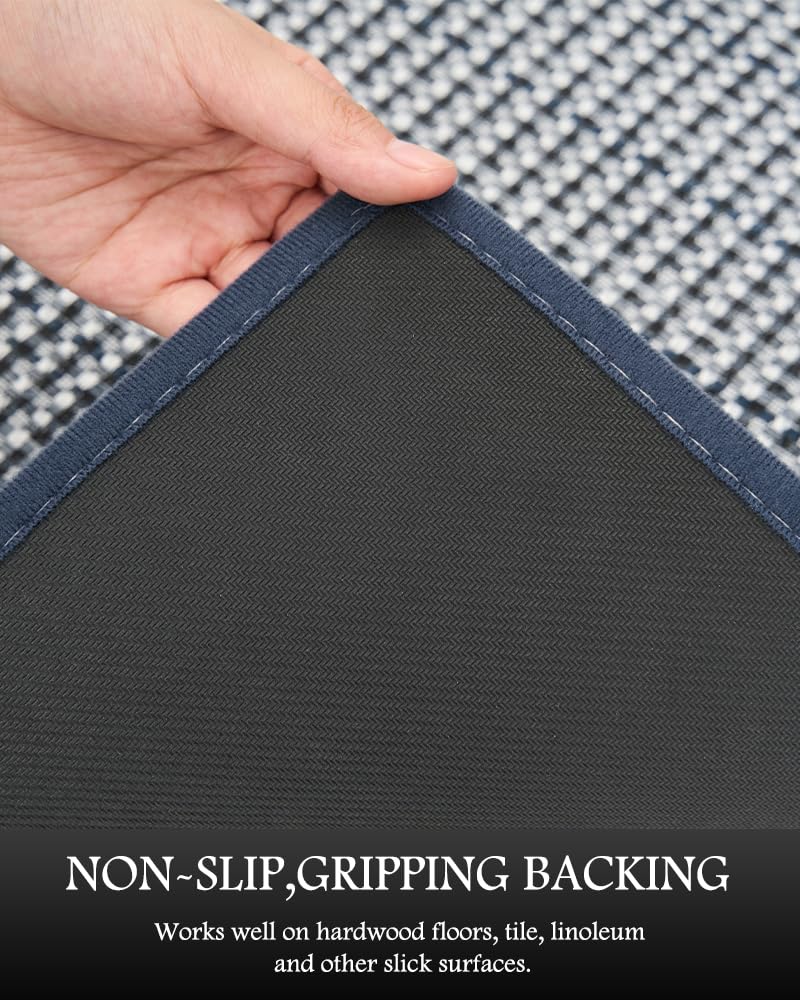 PADOOR non slip backing on blue kitchen rug keeps it in place during busy cooking.