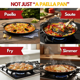 Thick bottom supports even heat distribution in Paelluxe Paella Pan