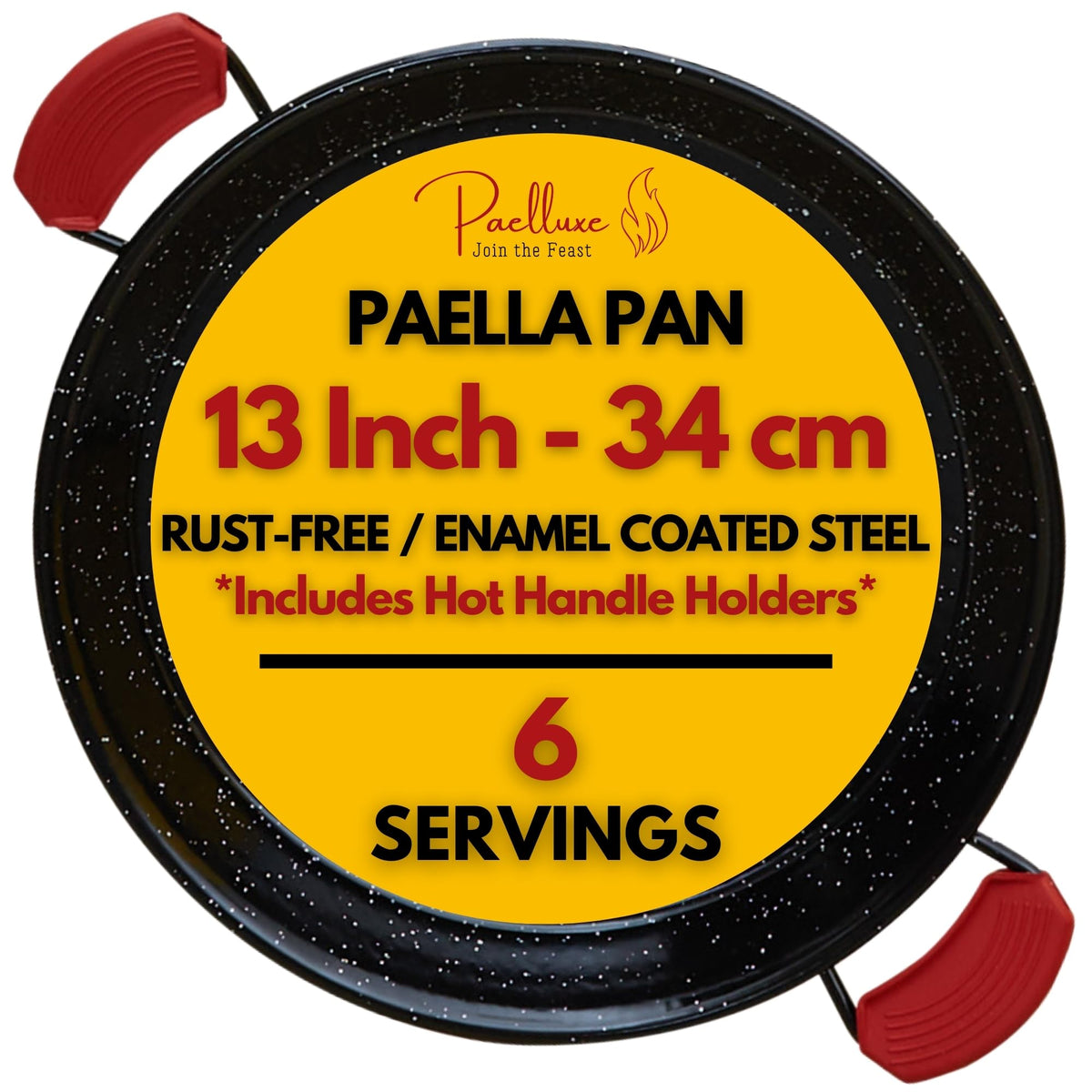 Paelluxe Paella Pan exterior view shows enamel coating for rust resistance
