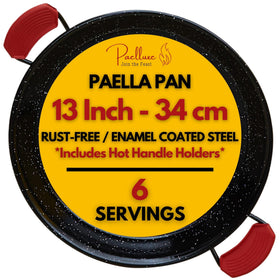 Paelluxe Paella Pan exterior view shows enamel coating for rust resistance