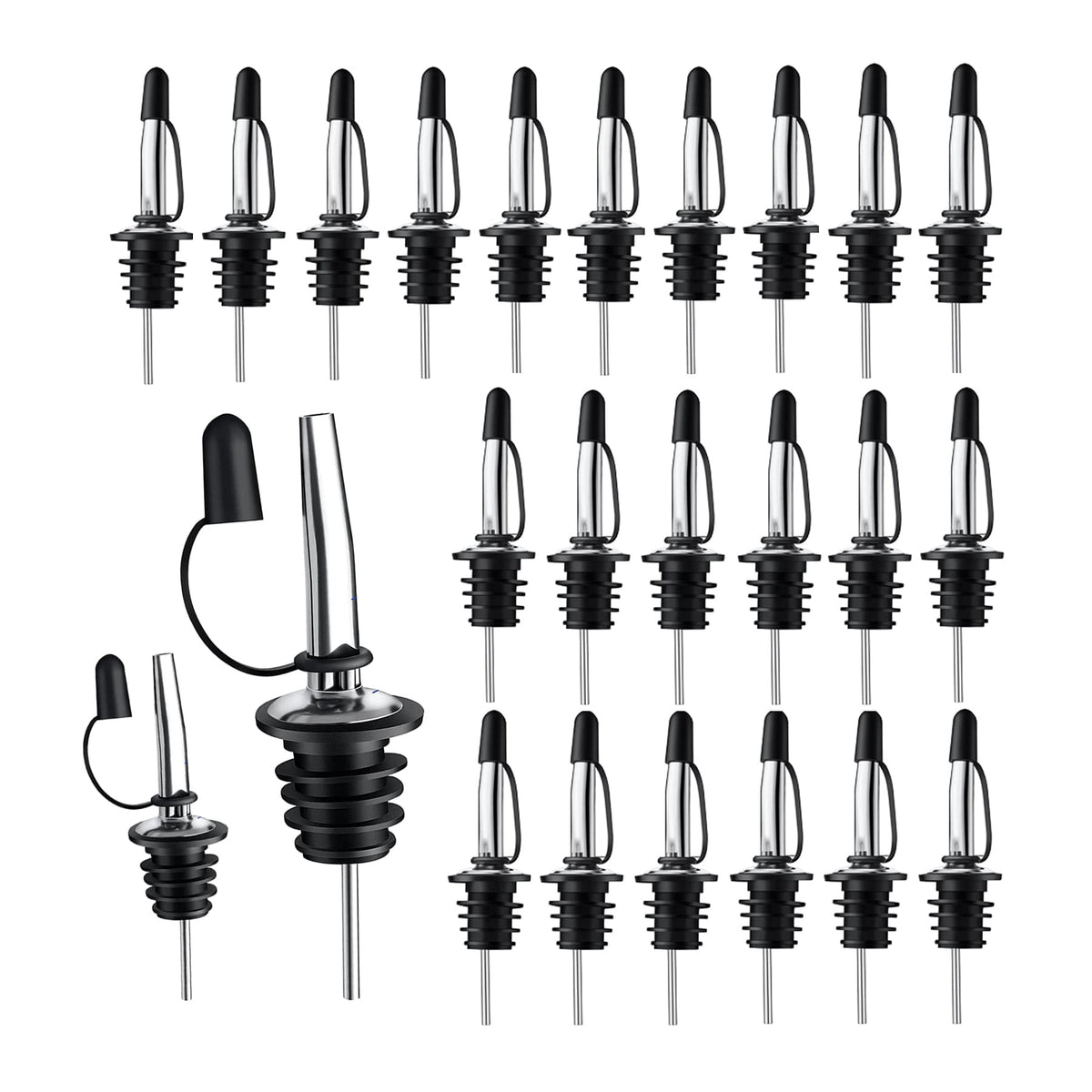Pafusen 24-pack stainless steel speed pourers on bottle spouts for fast, precise pours.