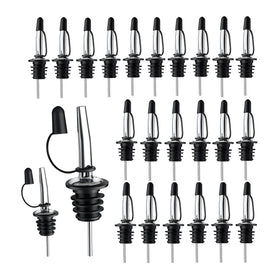 Pafusen 24-pack stainless steel speed pourers on bottle spouts for fast, precise pours.
