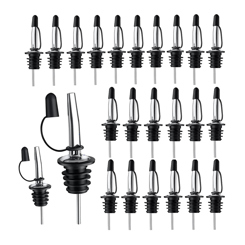 Pafusen 24-pack stainless steel speed pourers on bottle spouts for fast, precise pours.