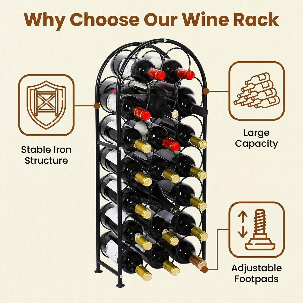 PAG 23-bottle arched rack side view demonstrates stable support and compact storage