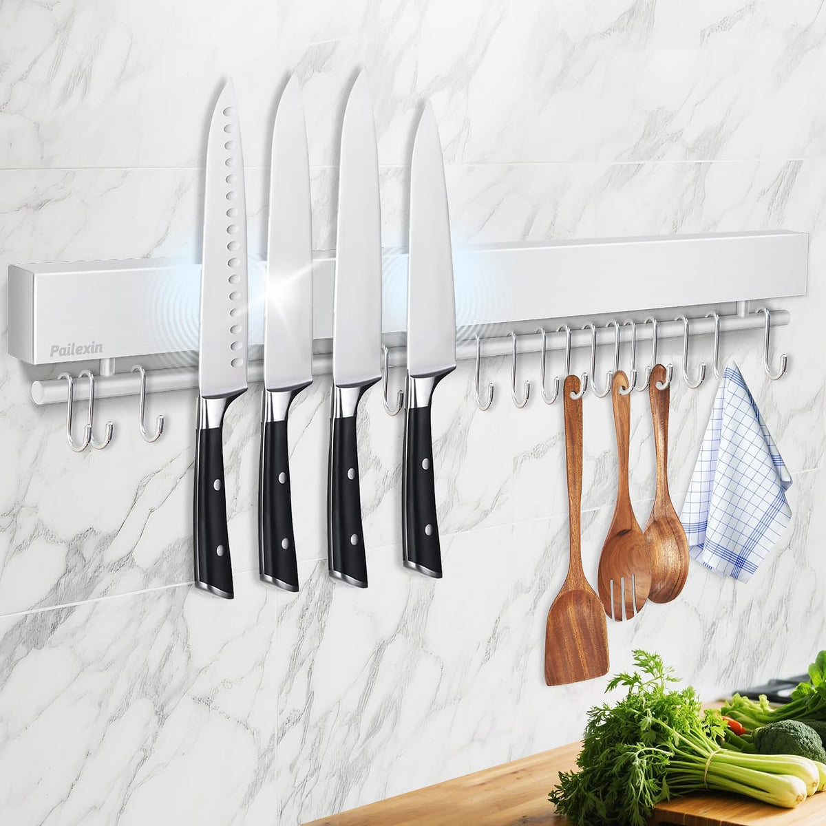 Pailexin 23-inch magnetic knife holder on wall with knives for quick access.