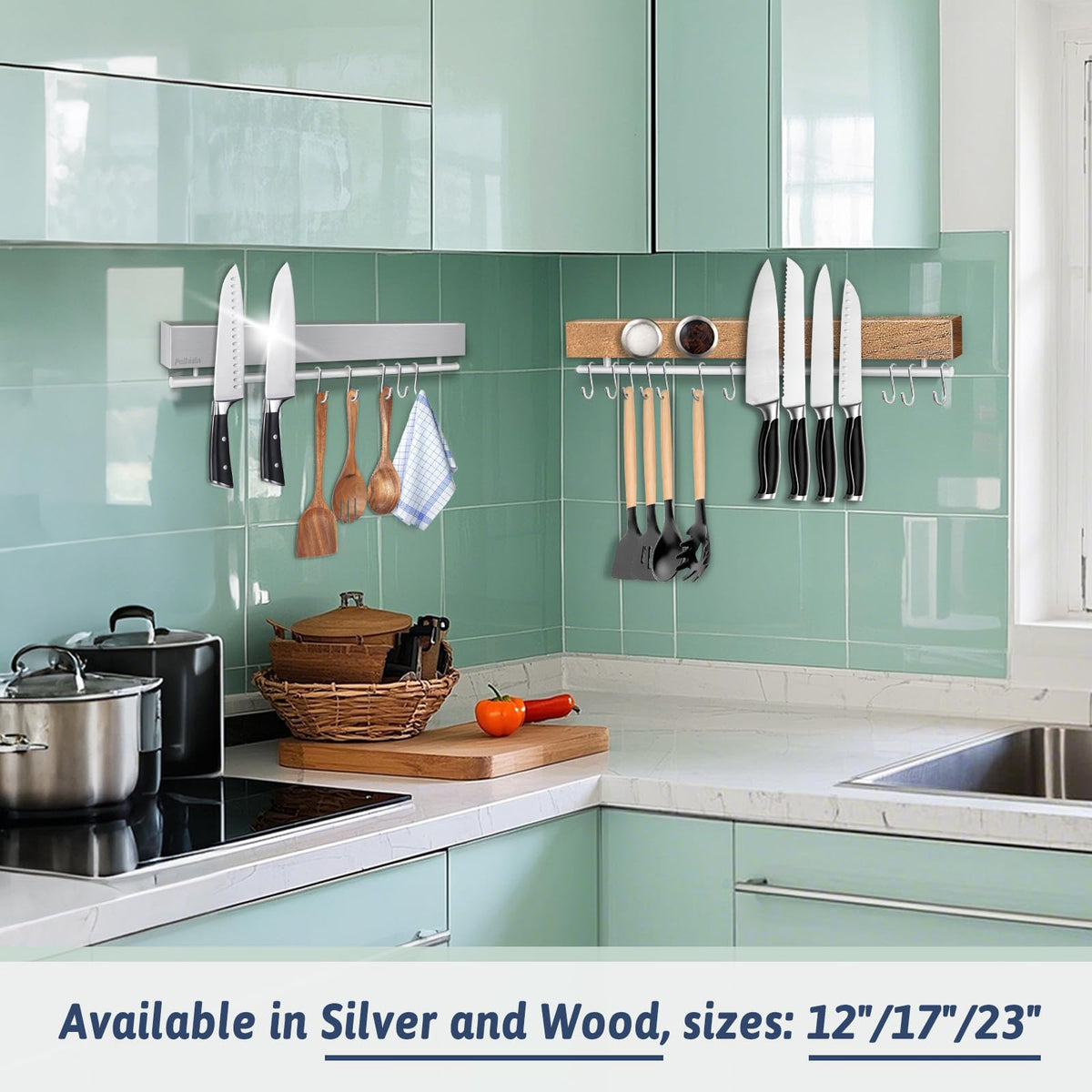 Pailexin magnetic knife-strip with five hooks keeps utensils organized.