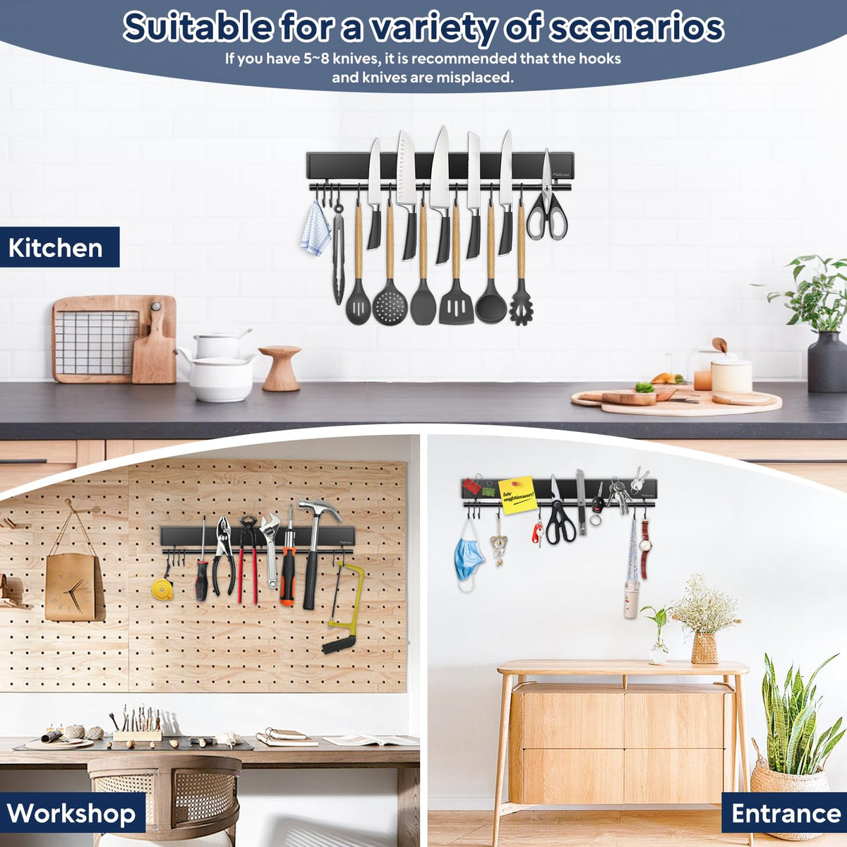 Pailexin magnetic strip helps keep knives safe and kitchen tidy.