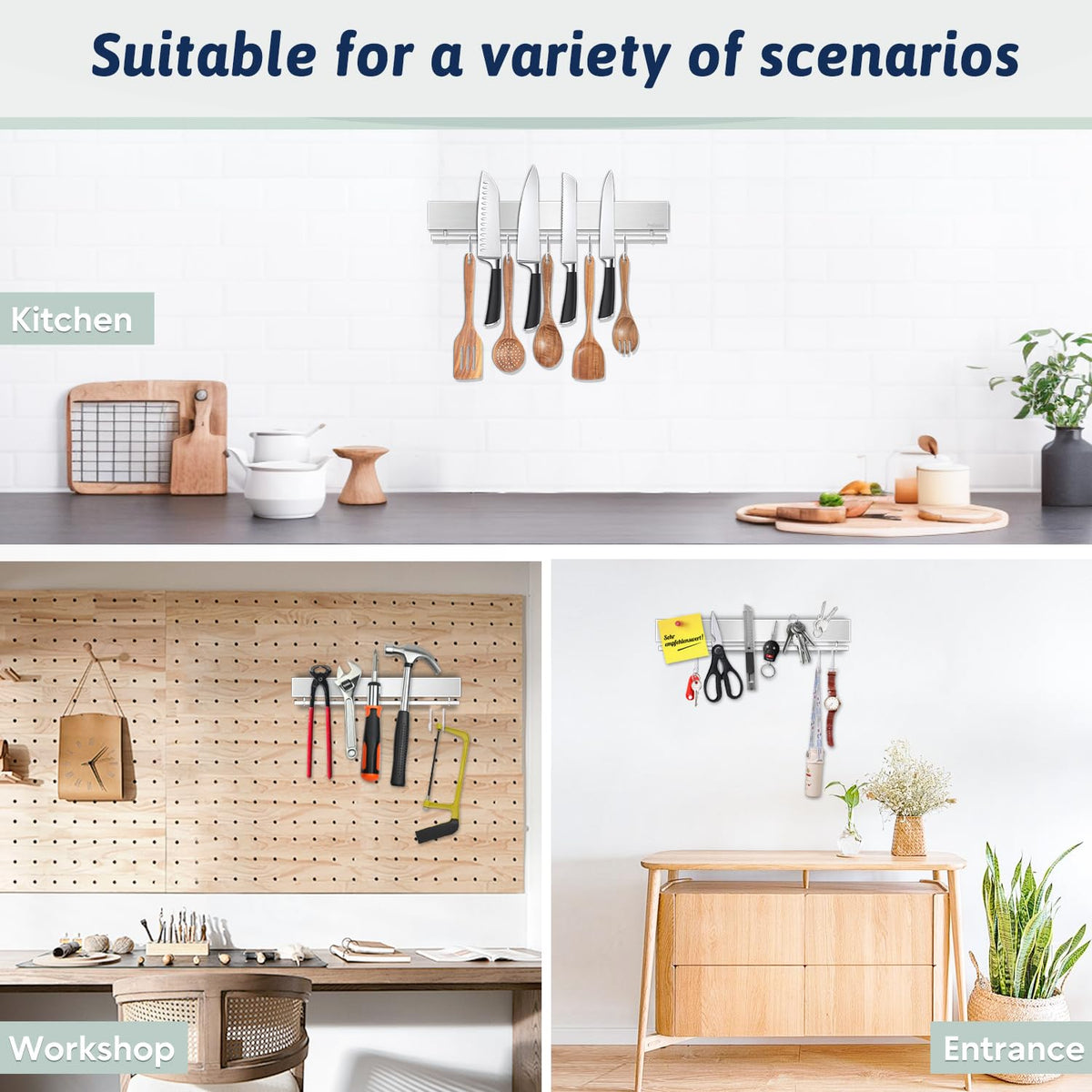 Pailexin wall-mounted bar keeps spoons and scissors within reach.