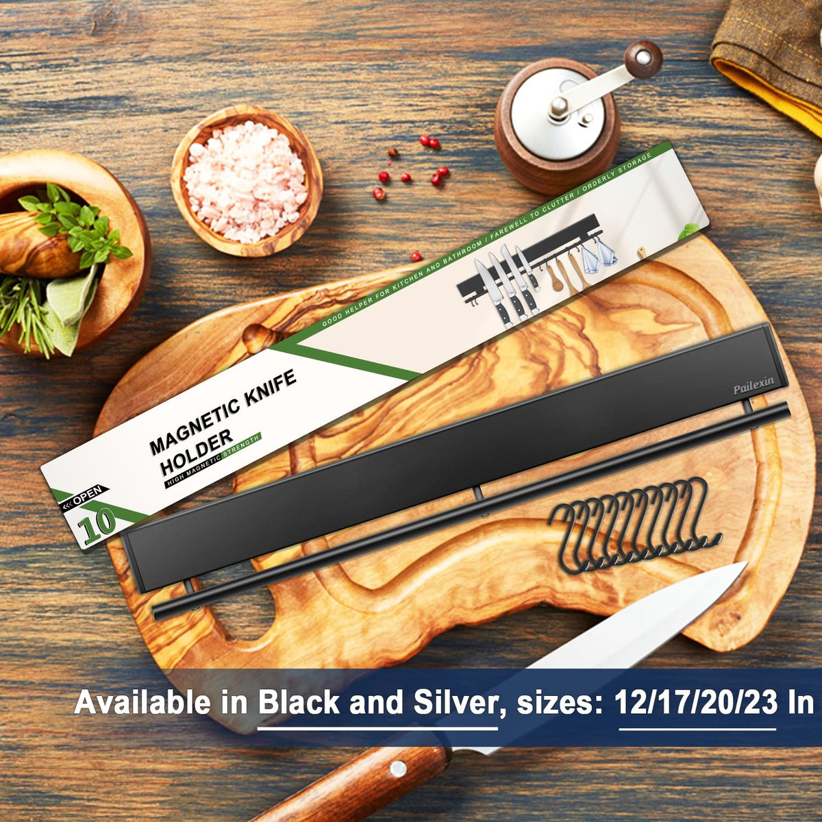Pailexin wall-mounted magnetic strip securely holds blades for quick access.
