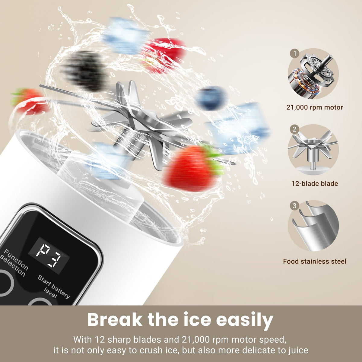 Pakay 12-blade system with 50W motor for powerful blending.