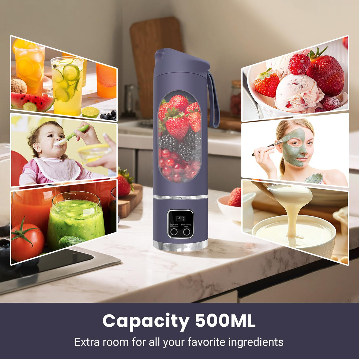 Pakay portable blender demonstrates ice-crush capability for frozen fruit treats.