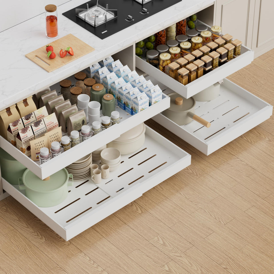 PAKETA expandable pull-out cabinet organizer in a kitchen cabinet for deep, organized storage
