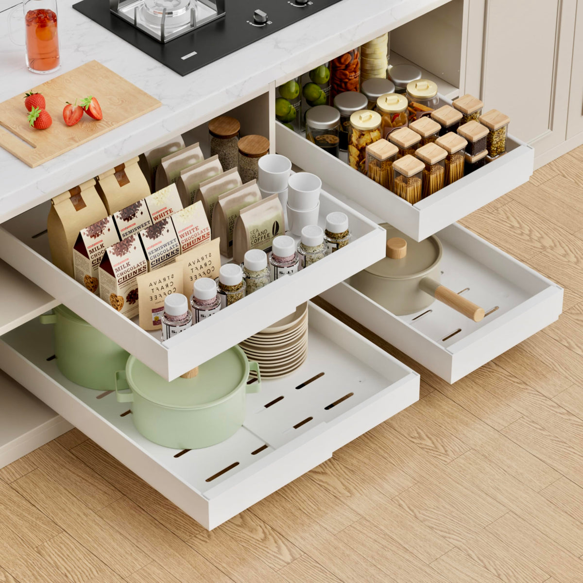 PAKETA pull-out cabinet organizer extends to 21 inches for deep, accessible storage.