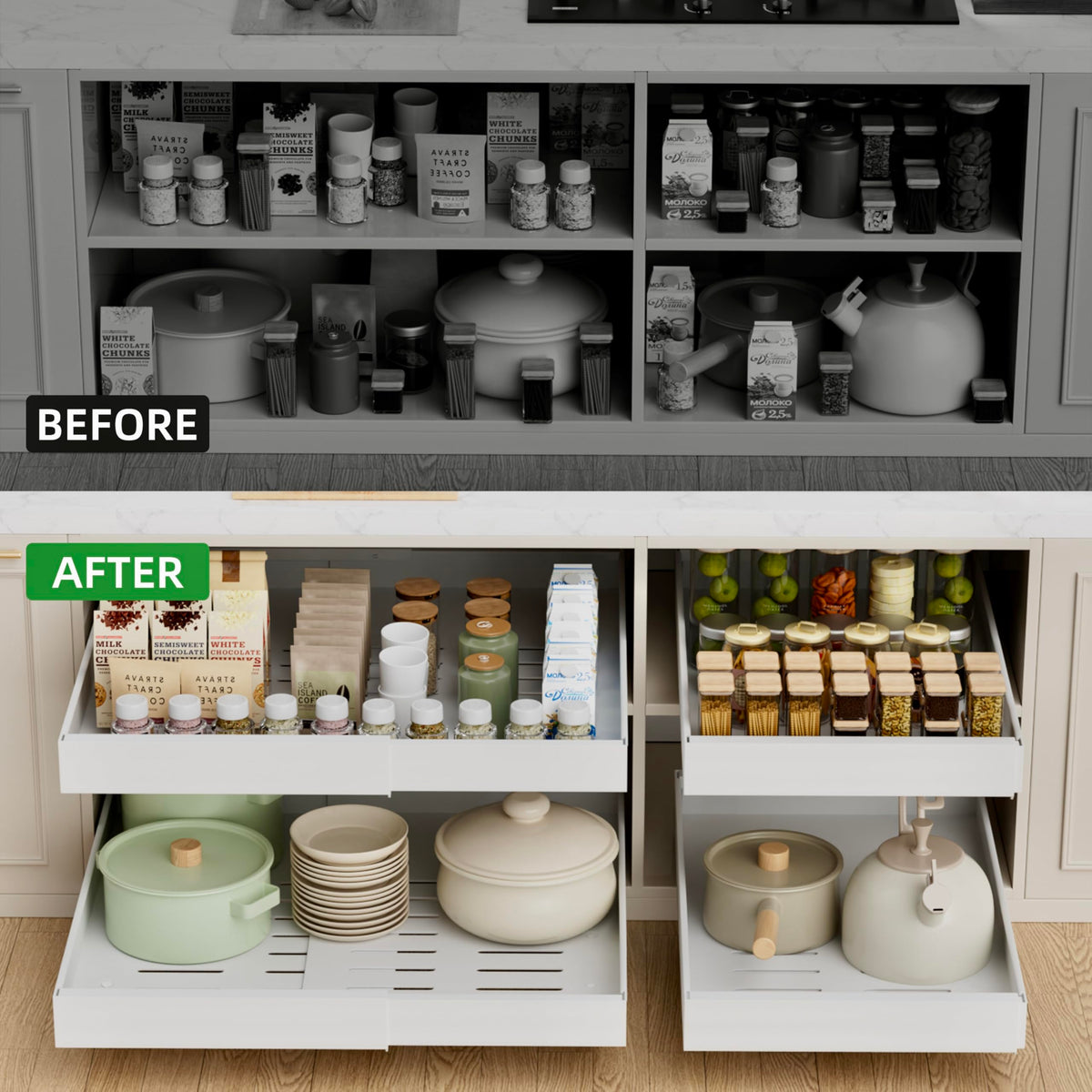 PAKETA upgraded 3-rail sliding drawer system in action.
