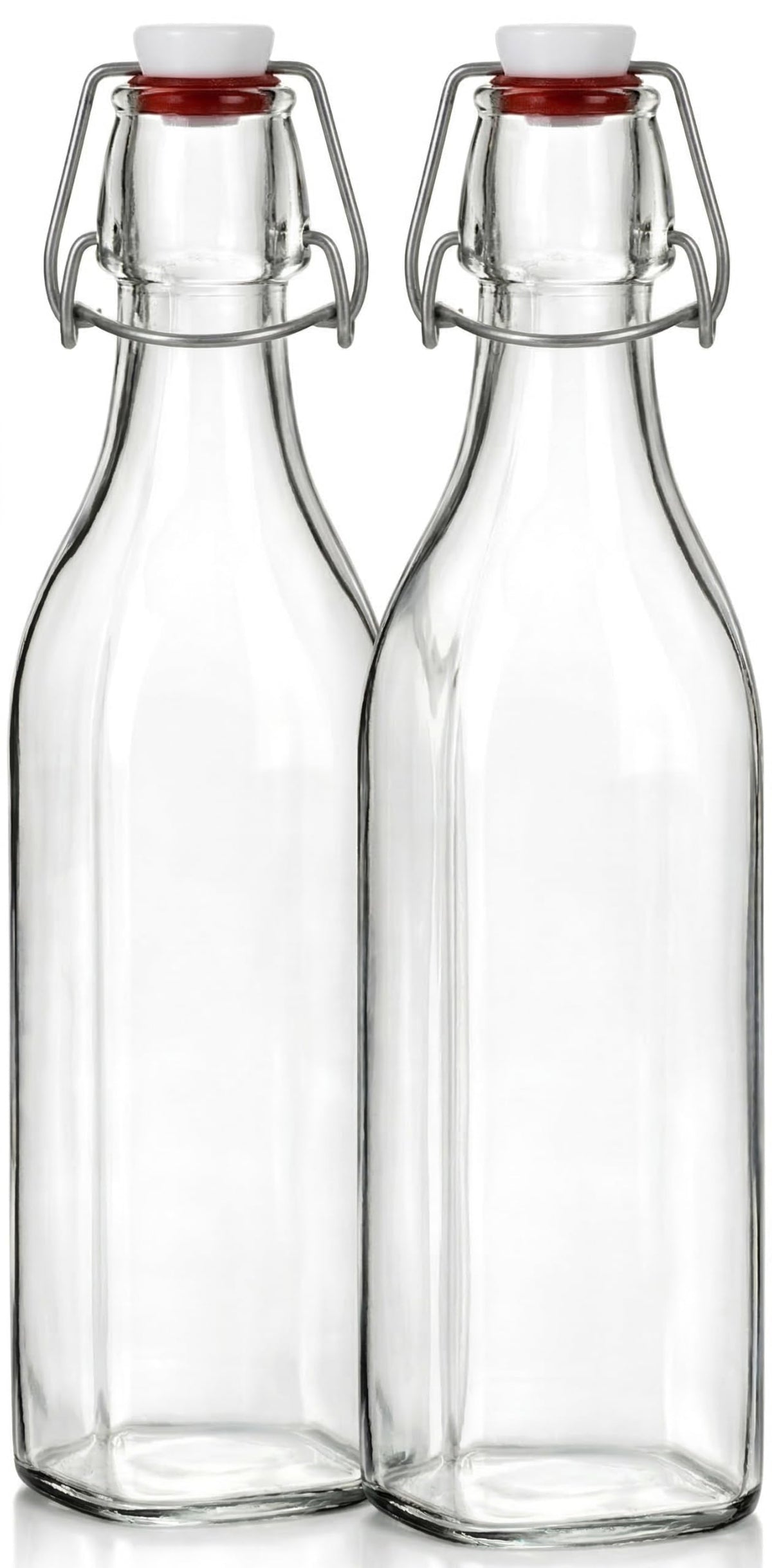Paksh Novelty clear square swing-top bottle front view, ideal for beverages.