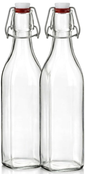 Paksh Novelty clear square swing-top bottle front view, ideal for beverages.