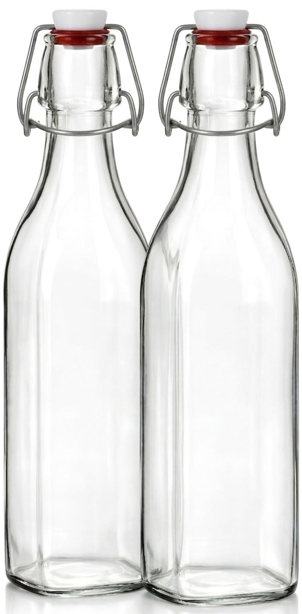 Paksh Novelty clear square swing-top bottle front view, ideal for beverages.
