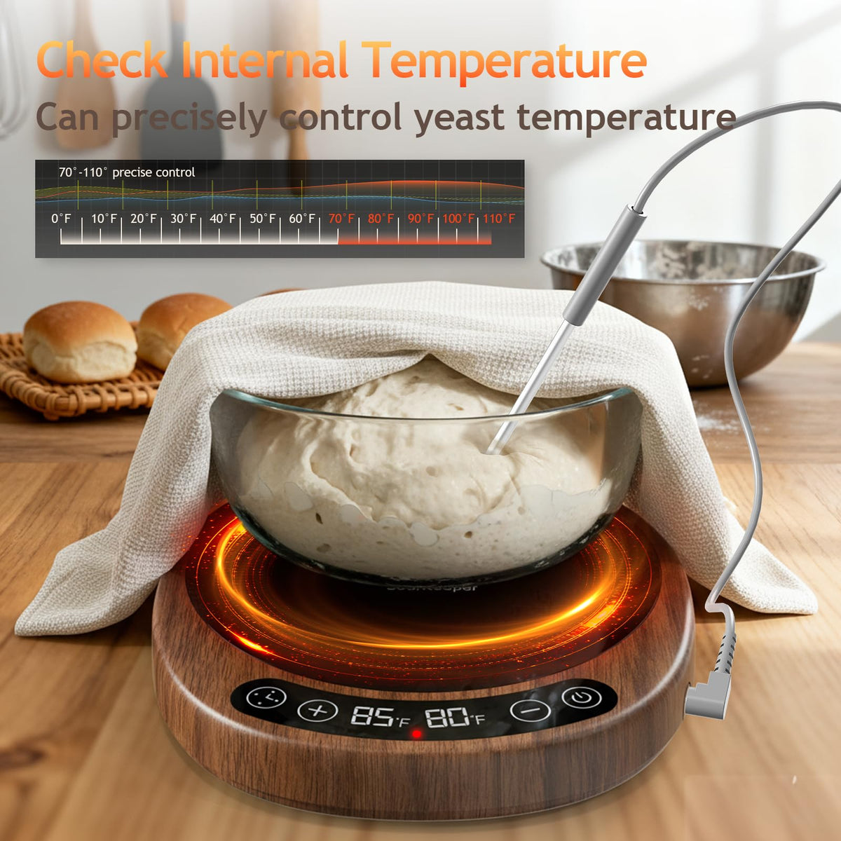 Precise temperature control from 70°F to 110°F in 1°F increments.