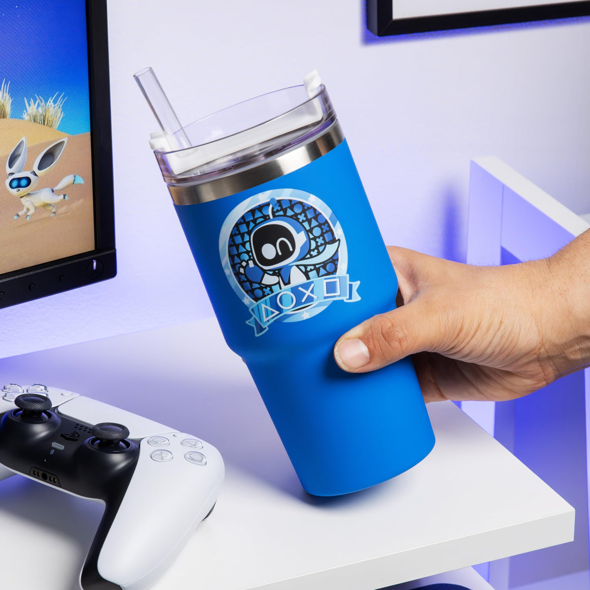 Paladone Astro Bot Cup blue side angle showing slim base fits cup holders.