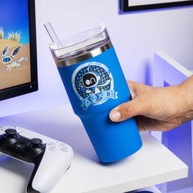 Paladone Astro Bot Cup blue side angle showing slim base fits cup holders.