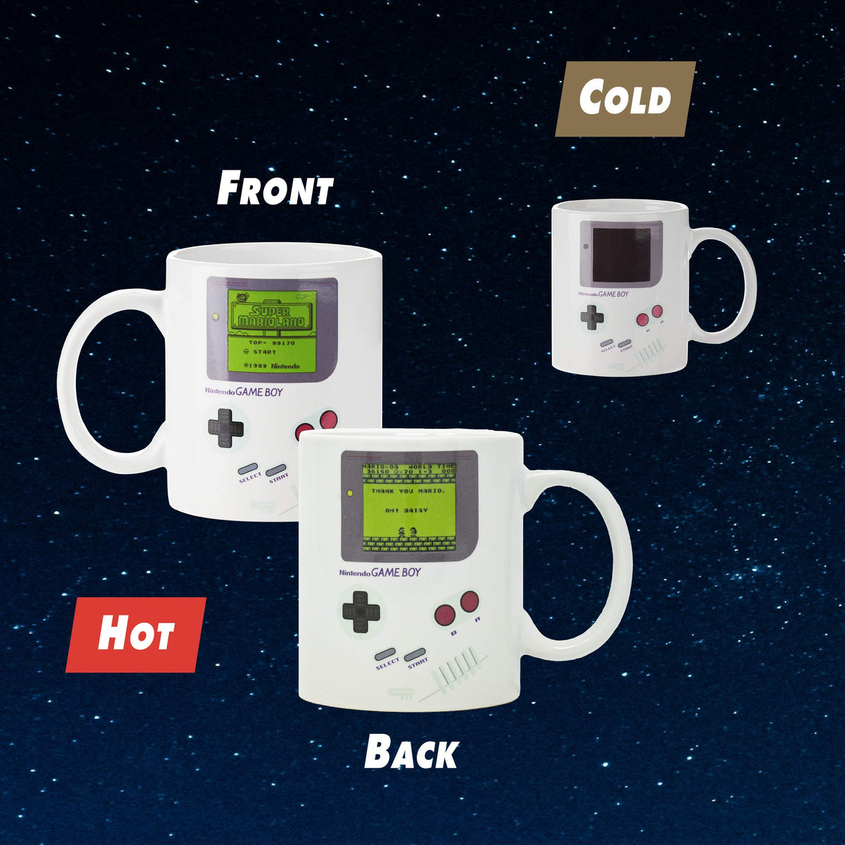 Paladone Gameboy mug held in hand highlighting ergonomic handle.