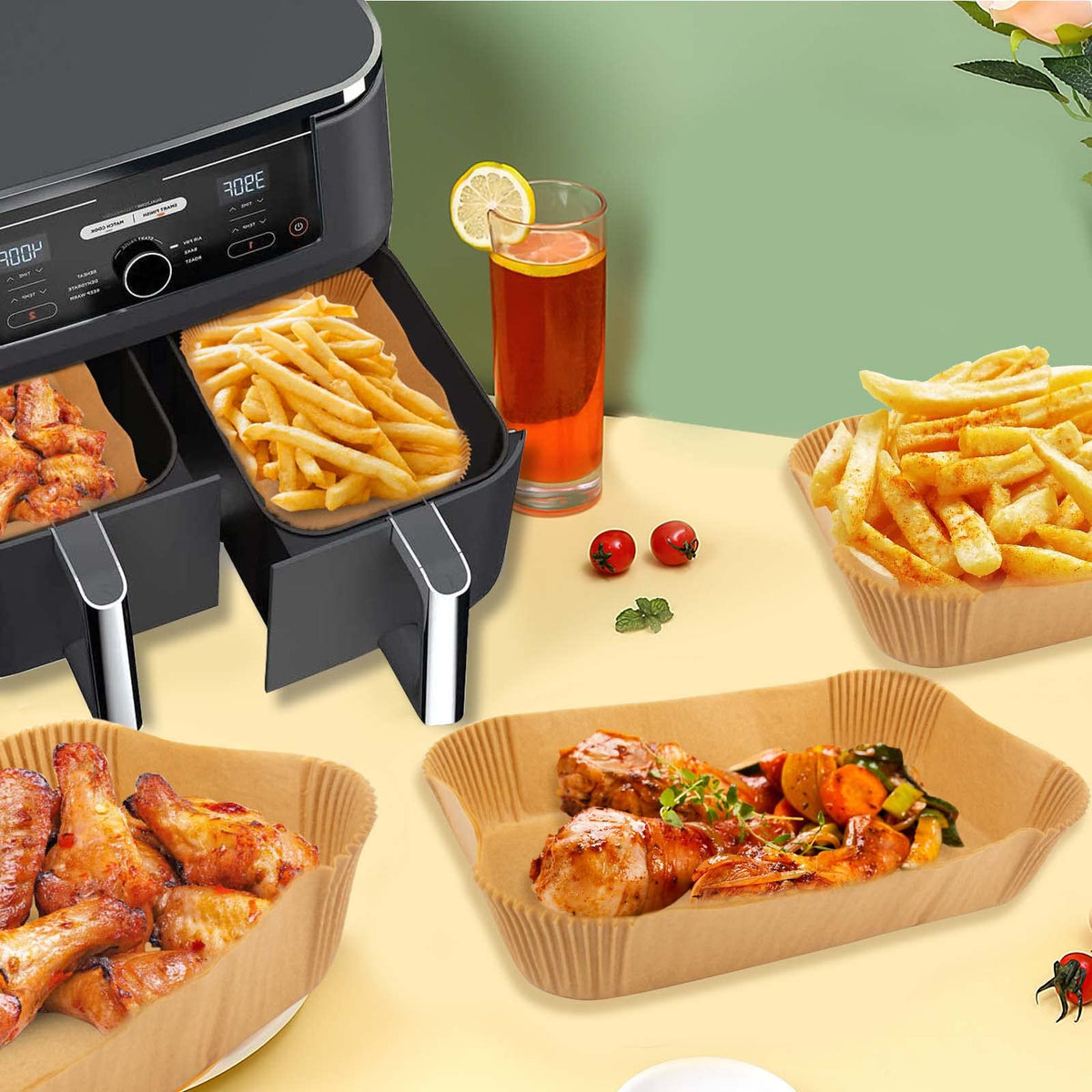 Palksky air fryer paper rectangular stack demonstrates disposable liners for quick cleanup after cooking